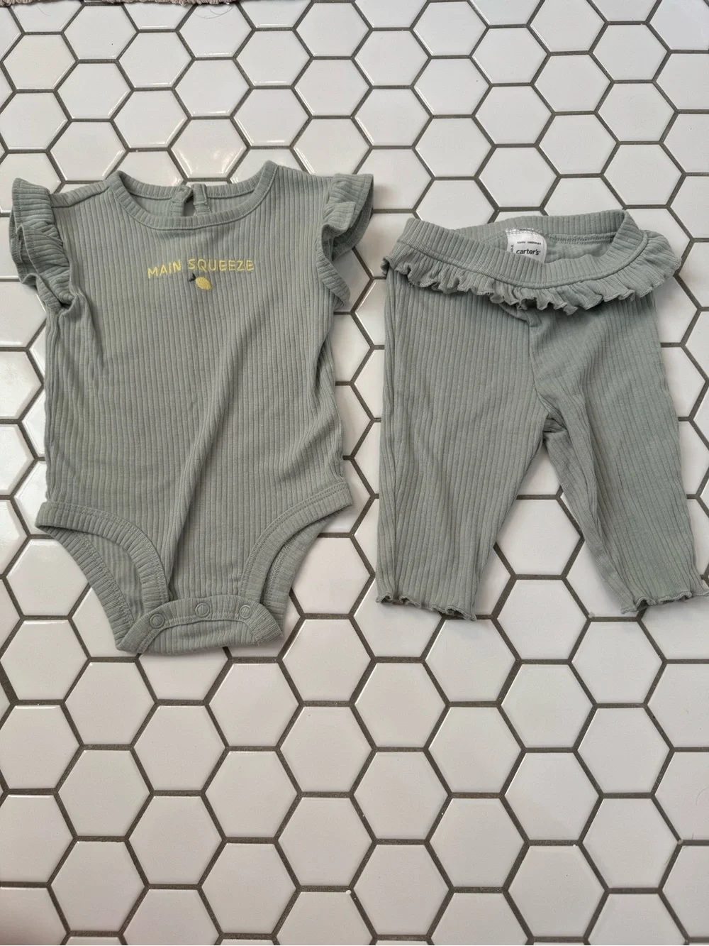 Like New Carter's Sage Ribbed Baby Bodysuit & Ruffle Pants Set